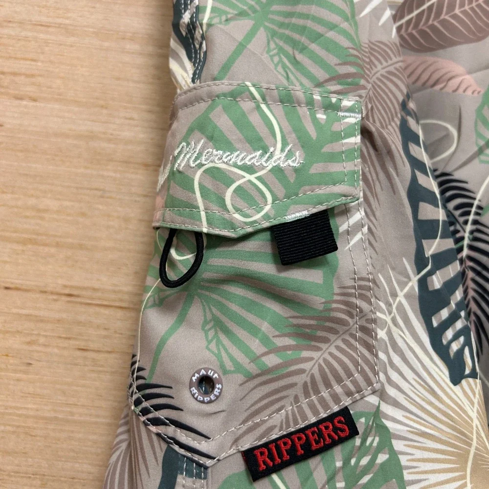 Maui Rippers Mens Size 8 Tropical Leaf Print Board Shorts Tan Green Surf Swim